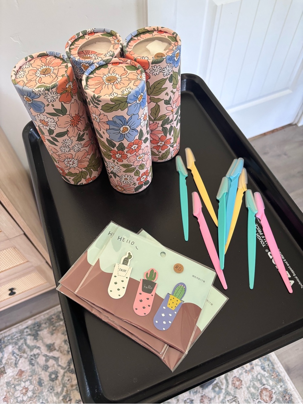 Floral Patterned Cylindrical Storage Tubes - Pink Blue Green